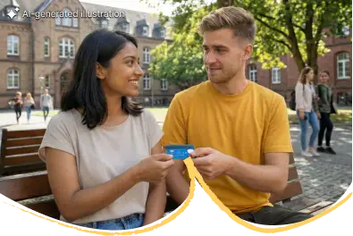 BASTI hands over the Blocked Account debit card with German IBAN to a foreign student.
